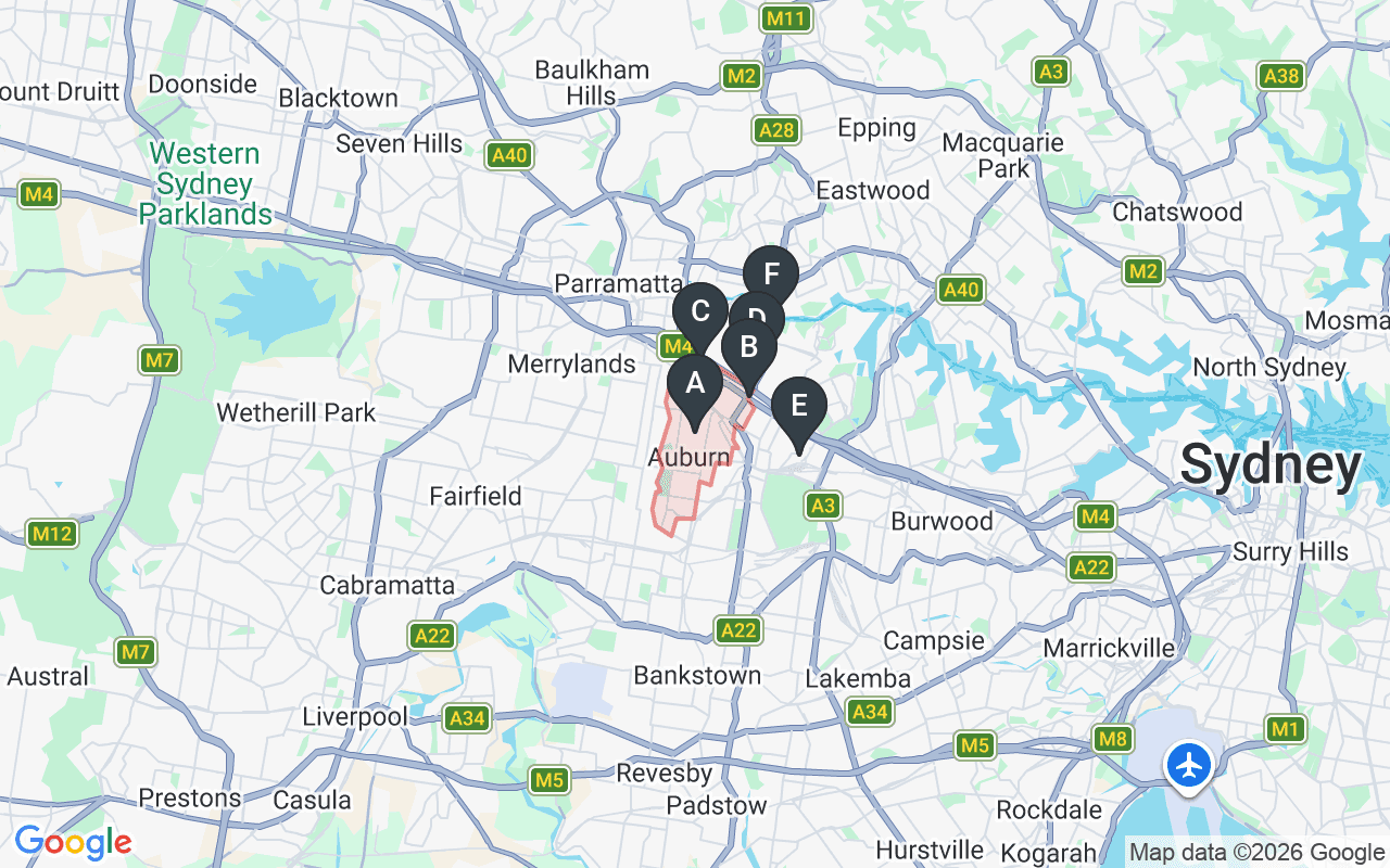 Map showing concrete delivery plants near Auburn NSW 2144 — Hy-Tec Silverwater (1.9 km), Concrite Auburn (2.1 km), Metromix Silverwater (2.6 km), Holcim Lidcombe (3.1 km), Gunlake Concrete Silverwater (3.9 km)