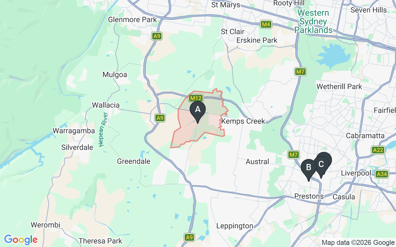 Map showing concrete delivery plants near Badgerys Creek NSW 2555 — Gunlake Concrete Prestons (12.8 km), Hy-Tec Prestons (13.8 km), Advanced Readymix Cartwright (13.9 km), Boral Penrith (16 km), Western Suburbs Concrete Penrith (16.2 km)