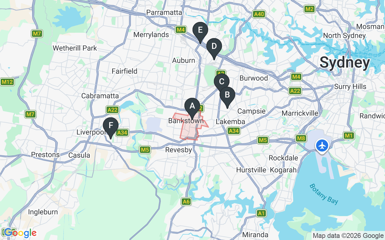 Map showing concrete delivery plants near Bankstown — Heidelberg Materials Greenacre (3.9 km), Boral Greenacre (4 km), Holcim Lidcombe (6.7 km), Hy-Tec Silverwater (8.1 km), Holcim Moorebank (8.8 km)
