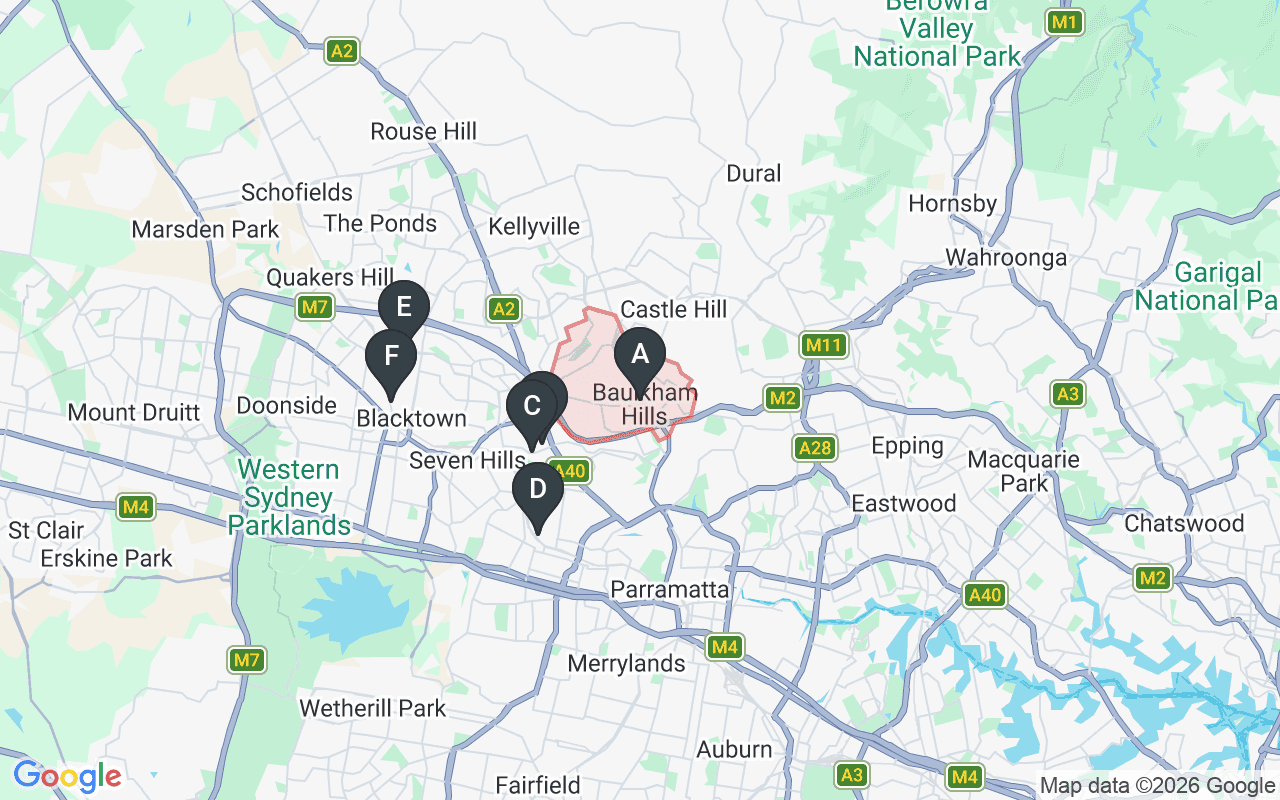 Map showing concrete delivery plants near Baulkham Hills — Advanced Readymix Seven Hills (3.4 km), Metromix Seven Hills (3.8 km), Heidelberg Materials Pendle Hill (5.4 km), Holcim Blacktown (7.6 km), Boral Blacktown (7.9 km)