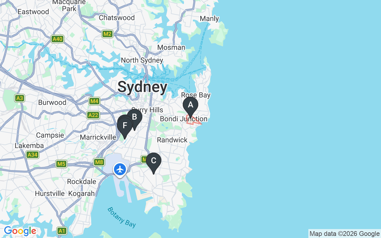 Map showing concrete delivery plants near Bondi NSW 2026 — Concrite – Alexandria (6.1 km), Heidelberg Materials (Hanson) – Banksmeadow (7.1 km), Holcim – Alexandria (Sydney City) (7.2 km), Metromix Concrete – Alexandria (7.2 km), Hy-Tec (Adbri) – Alexandria (7.4 km)
