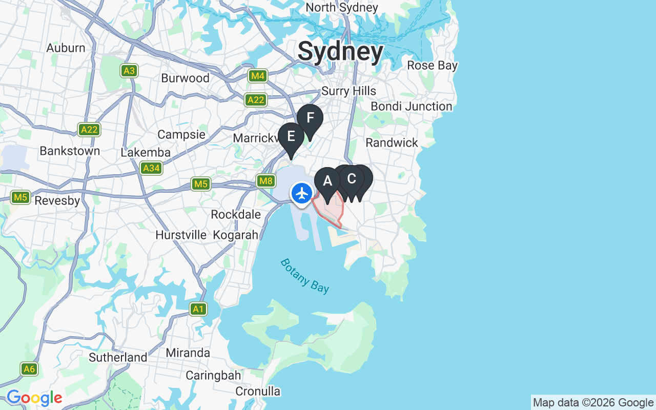 Map showing concrete delivery plants near Botany — Gunlake Concrete Banksmeadow (1.1 km), Boral Botany (1.5 km), Heidelberg Materials Banksmeadow (2 km), Boral St Peters (3.6 km), Hy-Tec Alexandria (4 km)