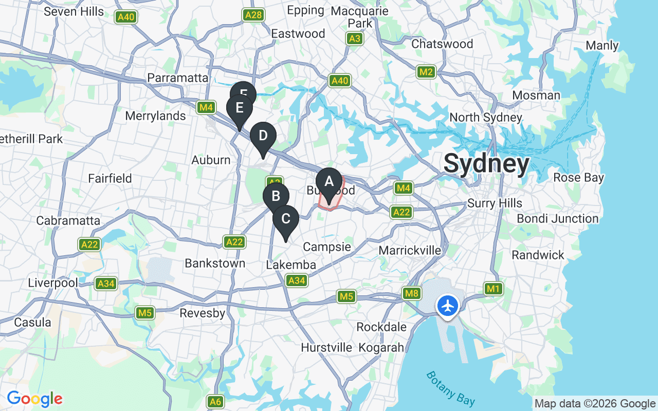 Map showing concrete delivery plants near Burwood NSW 2134 — Boral Concrete – Greenacre (3.4 km), Heidelberg Materials (Hanson) – Greenacre (3.5 km), Holcim – Lidcombe (4.9 km), Hy-Tec (Adbri) – Silverwater (State Office) (7.1 km), Metromix – Silverwater (7.5 km)