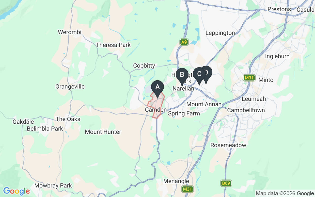 Map showing concrete delivery plants near Camden NSW 2570 — Holcim Narellan (3.5 km), Concrite Smeaton Grange (5.6 km), Hy-Tec Smeaton Grange (6.5 km), Gunlake Concrete Prestons (20.3 km), Hy-Tec Prestons (21.5 km)