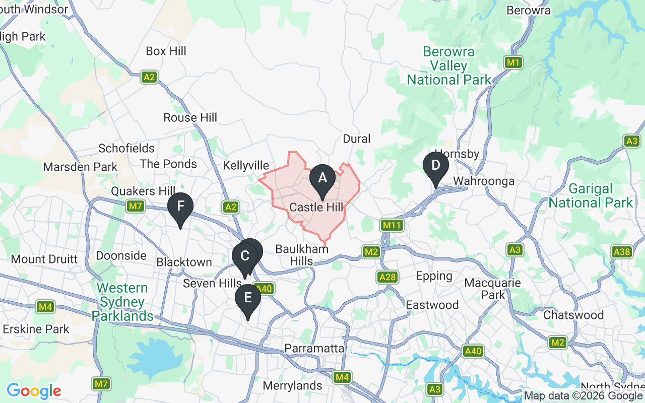 Map showing concrete delivery plants near Castle Hill NSW 2154 — Advanced Readymix – Seven Hills (6.5 km), Metromix Concrete – Seven Hills (6.9 km), Heidelberg Materials (Hanson) – Thornleigh (7.2 km), Heidelberg Materials (Hanson) – Pendle Hill (8.9 km), Holcim – Blacktown (9.1 km)