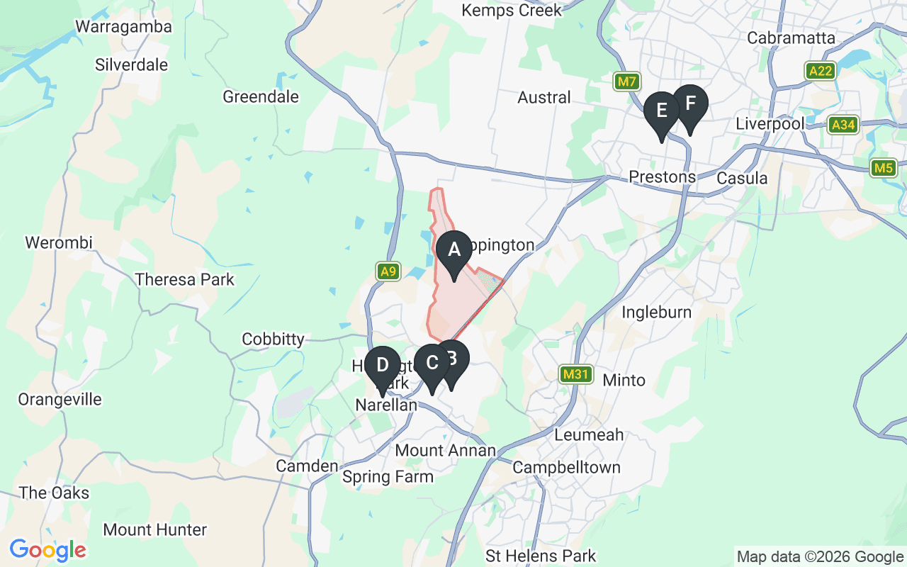 Map showing concrete delivery plants near Catherine Field NSW 2557 — Hy-Tec Smeaton Grange (4.9 km), Concrite Smeaton Grange (5.1 km), Holcim Narellan (6.1 km), Gunlake Concrete Prestons (11.2 km), Hy-Tec Prestons (12.4 km)