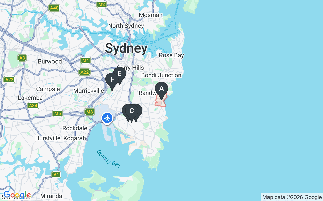 Map showing concrete delivery plants near Coogee — Heidelberg Materials Banksmeadow (4.3 km), Boral Botany (4.7 km), Gunlake Concrete Banksmeadow (5 km), Concrite Alexandria (5.6 km), Holcim Alexandria (6.3 km)