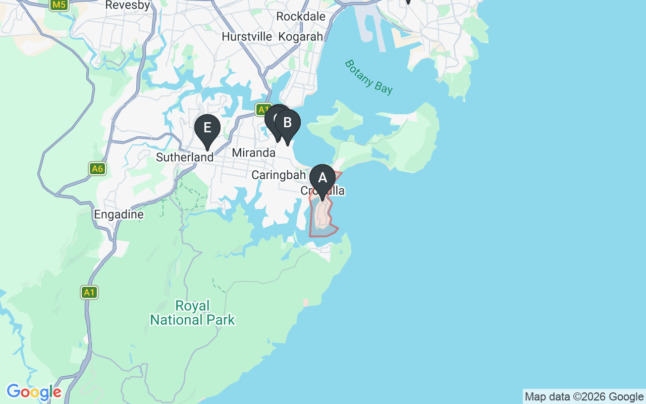 Map showing concrete delivery plants near Cronulla NSW 2230 — Holcim – Caringbah (4.1 km), Heidelberg Materials (Hanson) – Caringbah (4.6 km), Boral Concrete – Taren Point (4.7 km), Concrite – Kirrawee (7.9 km), Gunlake Concrete – Banksmeadow (13.5 km)