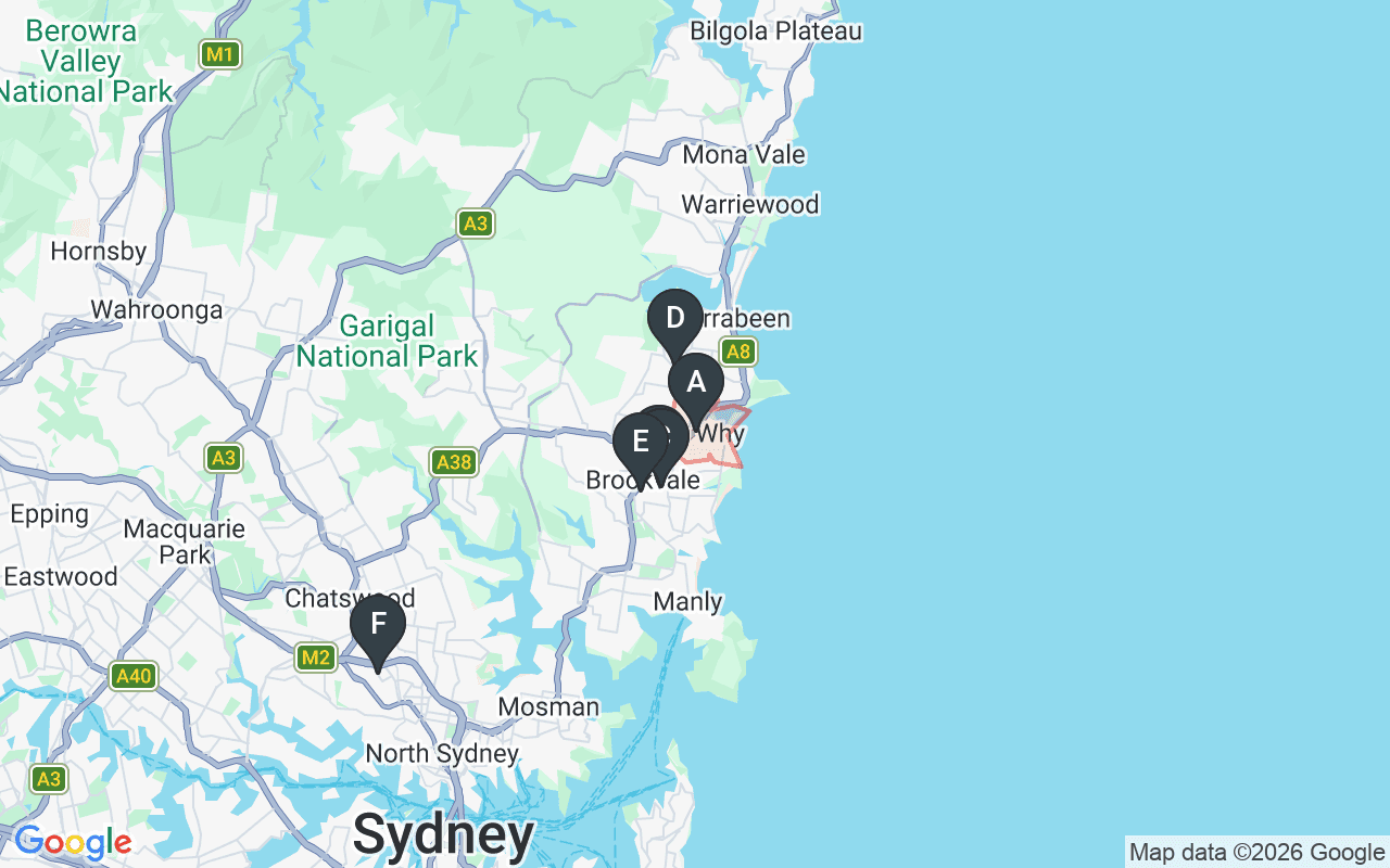 Map showing concrete delivery plants near Dee Why NSW 2099 — Heidelberg Materials (Hanson) – Brookvale (1.9 km), Boral Concrete – Brookvale (1.9 km), Metromix – Cromer (2 km), Holcim – Brookvale (2.4 km), Boral Concrete – Artarmon (11.7 km)