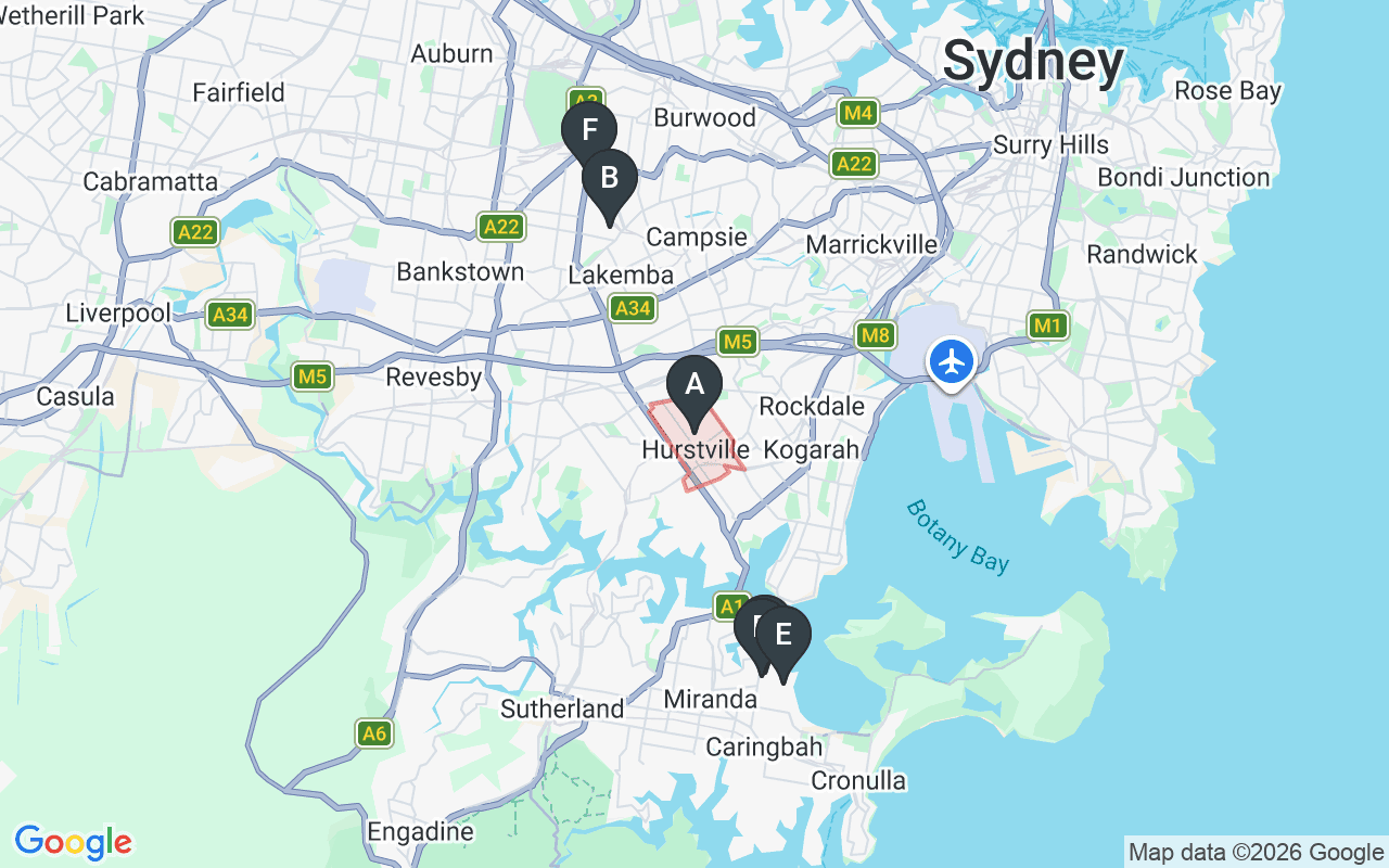 Map showing concrete delivery plants near Hurstville NSW 2220 — Heidelberg Materials (Hanson) – Greenacre (6.5 km), Boral Concrete – Taren Point (7.3 km), Heidelberg Materials (Hanson) – Caringbah (7.4 km), Holcim – Caringbah (7.8 km), Boral Concrete – St Peters (8 km)