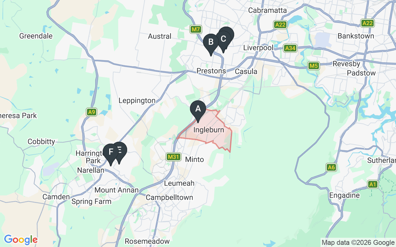 Map showing concrete delivery plants near Ingleburn NSW 2565 — Gunlake Concrete Prestons (7 km), Hy-Tec Prestons (7.6 km), Advanced Readymix Cartwright (8.1 km), Hy-Tec Smeaton Grange (9.1 km), Concrite Smeaton Grange (9.9 km)