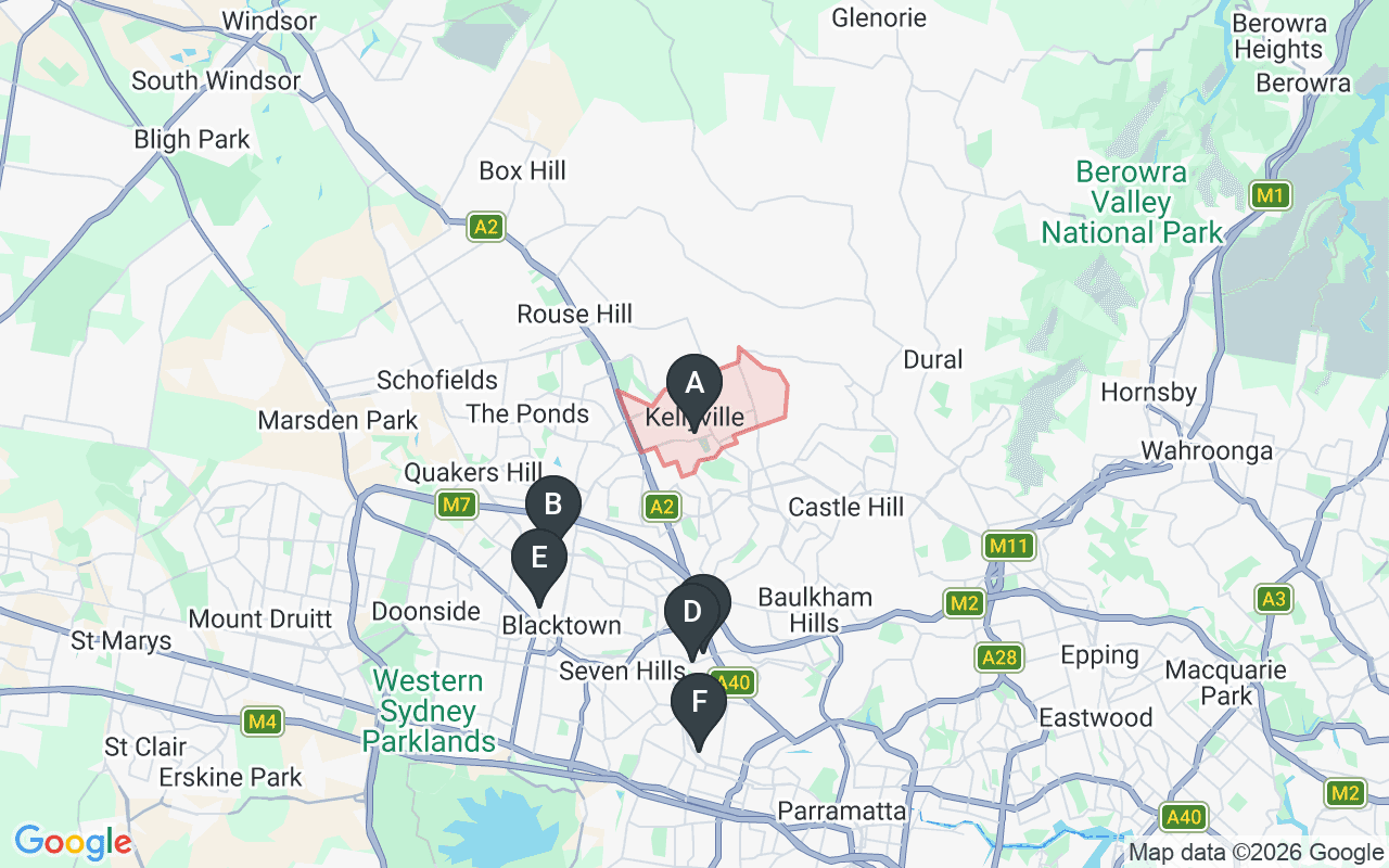 Map showing concrete delivery plants near Kellyville — Holcim Blacktown (5.4 km), Advanced Readymix Seven Hills (6.4 km), Metromix Seven Hills (6.7 km), Boral Blacktown (6.8 km), Heidelberg Materials Pendle Hill (9.3 km)