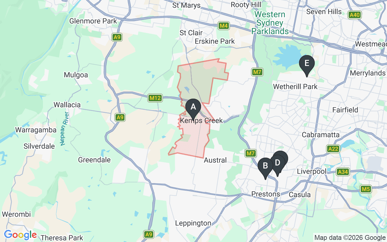 Map showing concrete delivery plants near Kemps Creek NSW 2178 — Gunlake Concrete Prestons (9.7 km), Advanced Readymix Cartwright (10.6 km), Hy-Tec Prestons (10.6 km), Metromix Wetherill Park (12.8 km), Gunlake Concrete Glendenning (15.3 km)