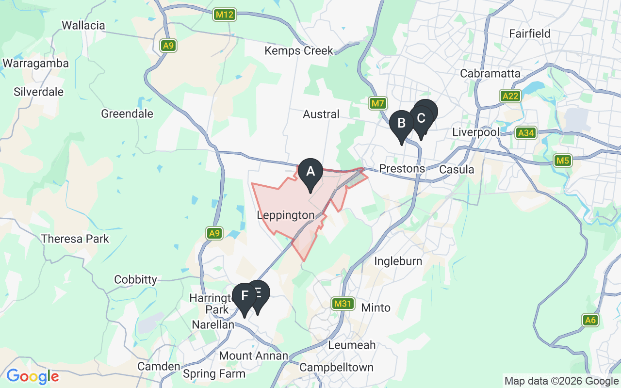 Map showing concrete delivery plants near Leppington
