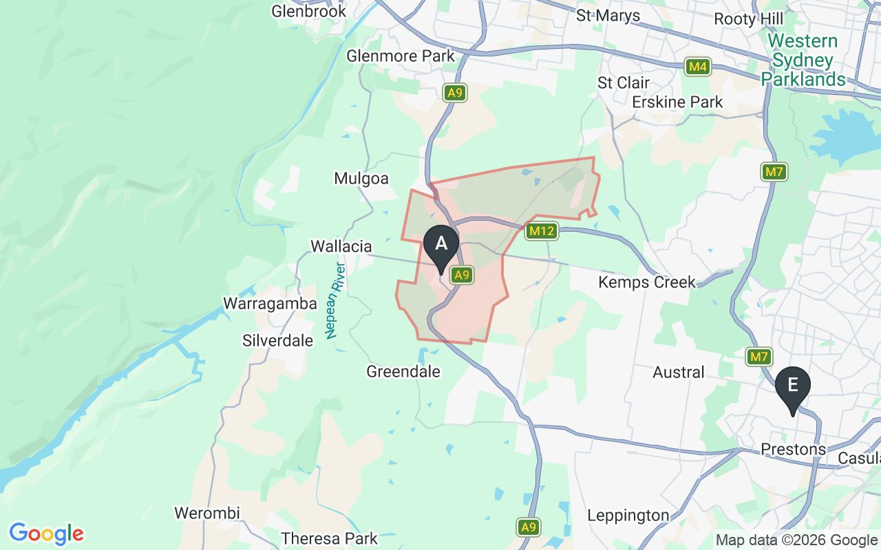Map showing concrete delivery plants near Luddenham NSW 2745 — Boral Penrith (14.7 km), Holcim Emu Plains (14.8 km), Western Suburbs Concrete Penrith (15.1 km), Gunlake Concrete Prestons (17.5 km), Holcim Narellan (18.3 km)