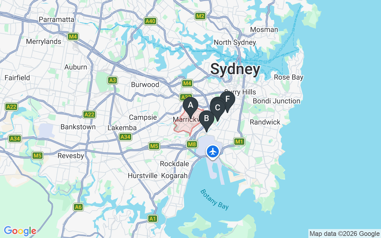 Map showing concrete delivery plants near Marrickville NSW 2204 — Boral Concrete – St Peters (2.2 km), Metromix Concrete – Alexandria (2.9 km), Hy-Tec (Adbri) – Alexandria (2.9 km), Holcim – Alexandria (Sydney City) (3 km), Concrite – Alexandria (4 km)