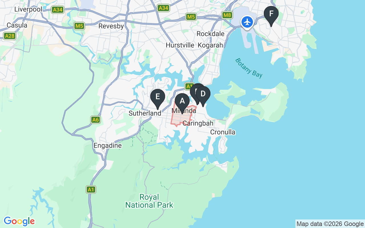 Map showing concrete delivery plants near Miranda — Heidelberg Materials Caringbah (1.9 km), Boral Taren Point (2.1 km), Holcim Caringbah (2.4 km), Concrite Kirrawee (2.8 km), Gunlake Concrete Banksmeadow (13.8 km)