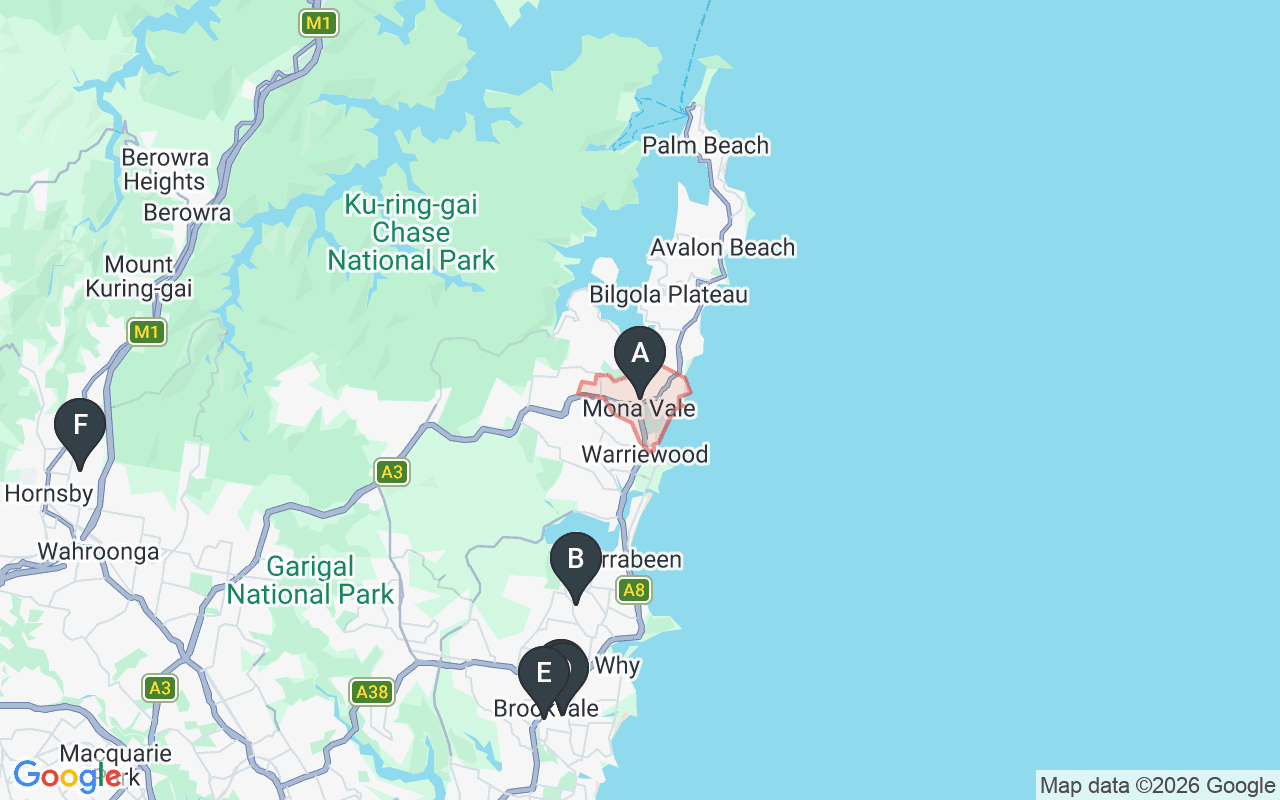Map showing concrete delivery plants near Mona Vale NSW 2103 — Metromix – Cromer (6.8 km), Heidelberg Materials (Hanson) – Brookvale (10.2 km), Boral Concrete – Brookvale (10.3 km), Holcim – Brookvale (10.6 km), Able Metromix – Hornsby (17.9 km)