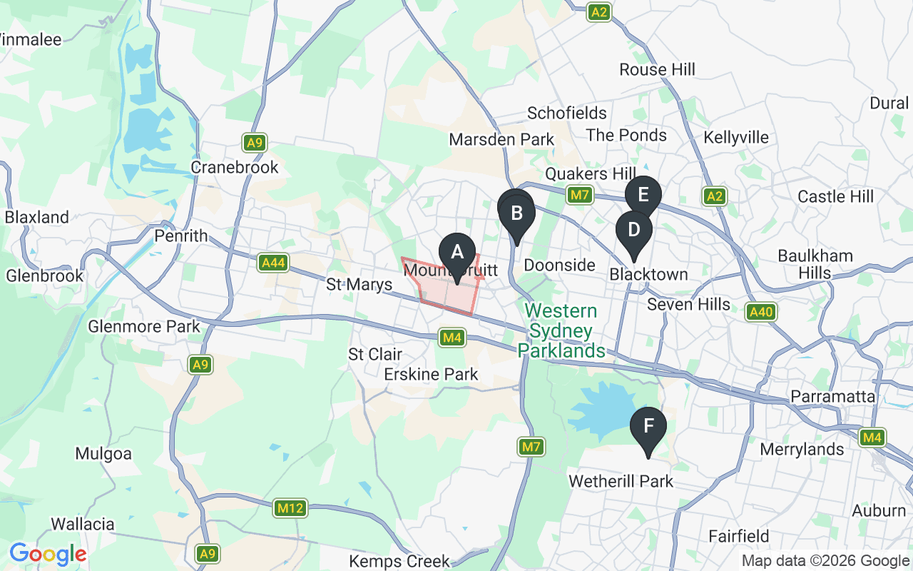 Map showing concrete delivery plants near Mount Druitt NSW 2770 — Gunlake Concrete Glendenning (3.2 km), Hy-Tec Glendenning (3.3 km), Boral Blacktown (7.9 km), Holcim Blacktown (8.7 km), Metromix Wetherill Park (11.5 km)