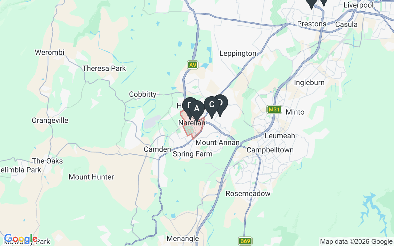 Map showing concrete delivery plants near Narellan NSW 2567 — Holcim Narellan (0.7 km), Concrite Smeaton Grange (1.6 km), Hy-Tec Smeaton Grange (2.5 km), Gunlake Concrete Prestons (16.6 km), Hy-Tec Prestons (17.8 km)