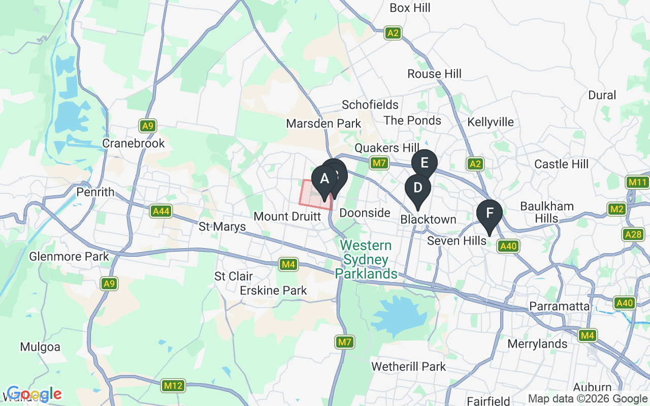 Map showing concrete delivery plants near Plumpton NSW 2761 — Gunlake Concrete Glendenning (0.7 km), Hy-Tec Glendenning (0.7 km), Boral Blacktown (5.9 km), Holcim Blacktown (6.3 km), Metromix Seven Hills (10.5 km)