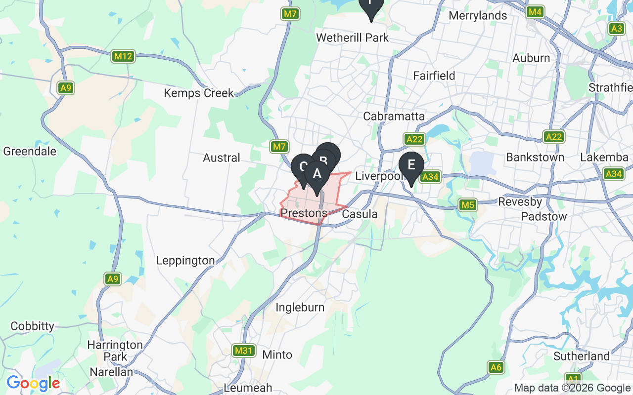 Map showing concrete delivery plants near Prestons NSW 2170 — Hy-Tec Prestons (0.9 km), Gunlake Concrete Prestons (1 km), Advanced Readymix Cartwright (1.4 km), Holcim Moorebank (6.1 km), Metromix Wetherill Park (11.7 km)