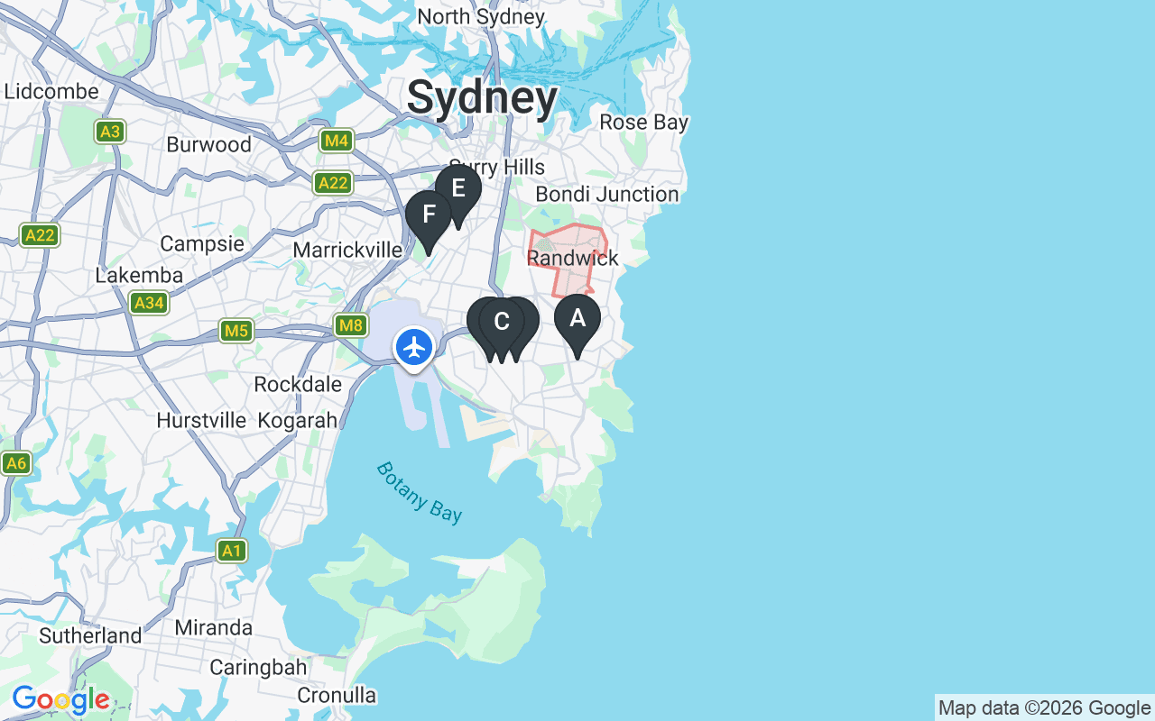Map showing concrete delivery plants near Randwick NSW 2031 — Heidelberg Materials (Hanson) – Banksmeadow (2.2 km), Boral Concrete – Botany (2.7 km), Gunlake Concrete – Banksmeadow (3.1 km), Concrite – Alexandria (6.2 km), Holcim – Alexandria (Sydney City) (6.4 km)