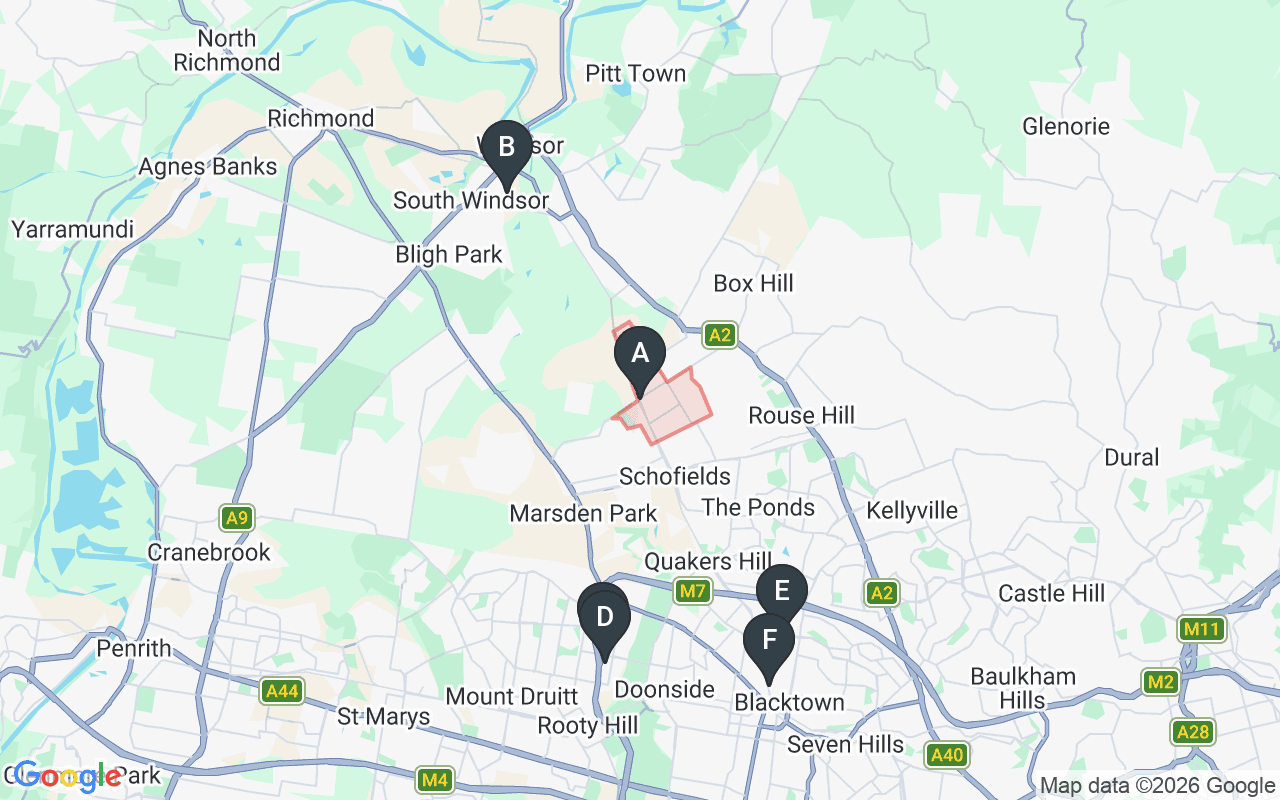 Map showing concrete delivery plants near Riverstone NSW 2765 — Constable Bros Concrete South Windsor (7.8 km), Hy-Tec Glendenning (8.2 km), Gunlake Concrete Glendenning (8.5 km), Holcim Blacktown (8.8 km), Boral Blacktown (10 km)