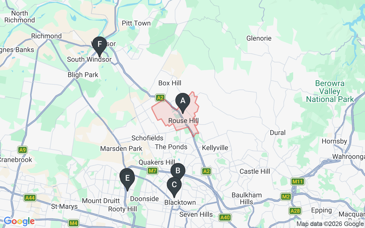Map showing concrete delivery plants near Rouse Hill NSW 2155 — Holcim – Blacktown (7.8 km), Boral Concrete – Blacktown (9.4 km), Hy-Tec (Adbri) – Glendenning (10.5 km), Gunlake Concrete – Glendenning (10.6 km), Constable Bros Concrete – South Windsor (11.2 km)