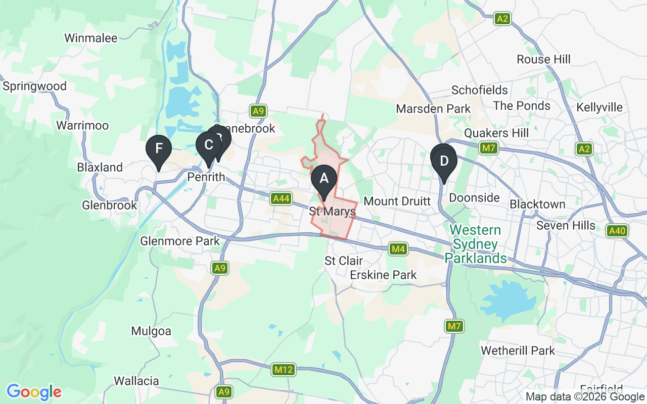 Map showing concrete delivery plants near St Marys NSW 2760 — Western Suburbs Concrete Penrith (7.1 km), Boral Penrith (7.5 km), Gunlake Concrete Glendenning (7.6 km), Hy-Tec Glendenning (7.6 km), Holcim Emu Plains (10.6 km)