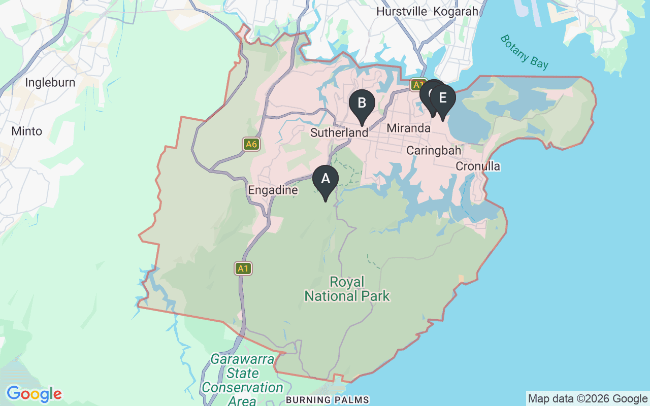 Map showing concrete delivery plants near Sutherland NSW 2232 — Concrite – Kirrawee (5.2 km), Heidelberg Materials (Hanson) – Caringbah (8.5 km), Boral Concrete – Taren Point (8.6 km), Holcim – Caringbah (8.9 km), Holcim – Moorebank (Liverpool) (18.2 km)