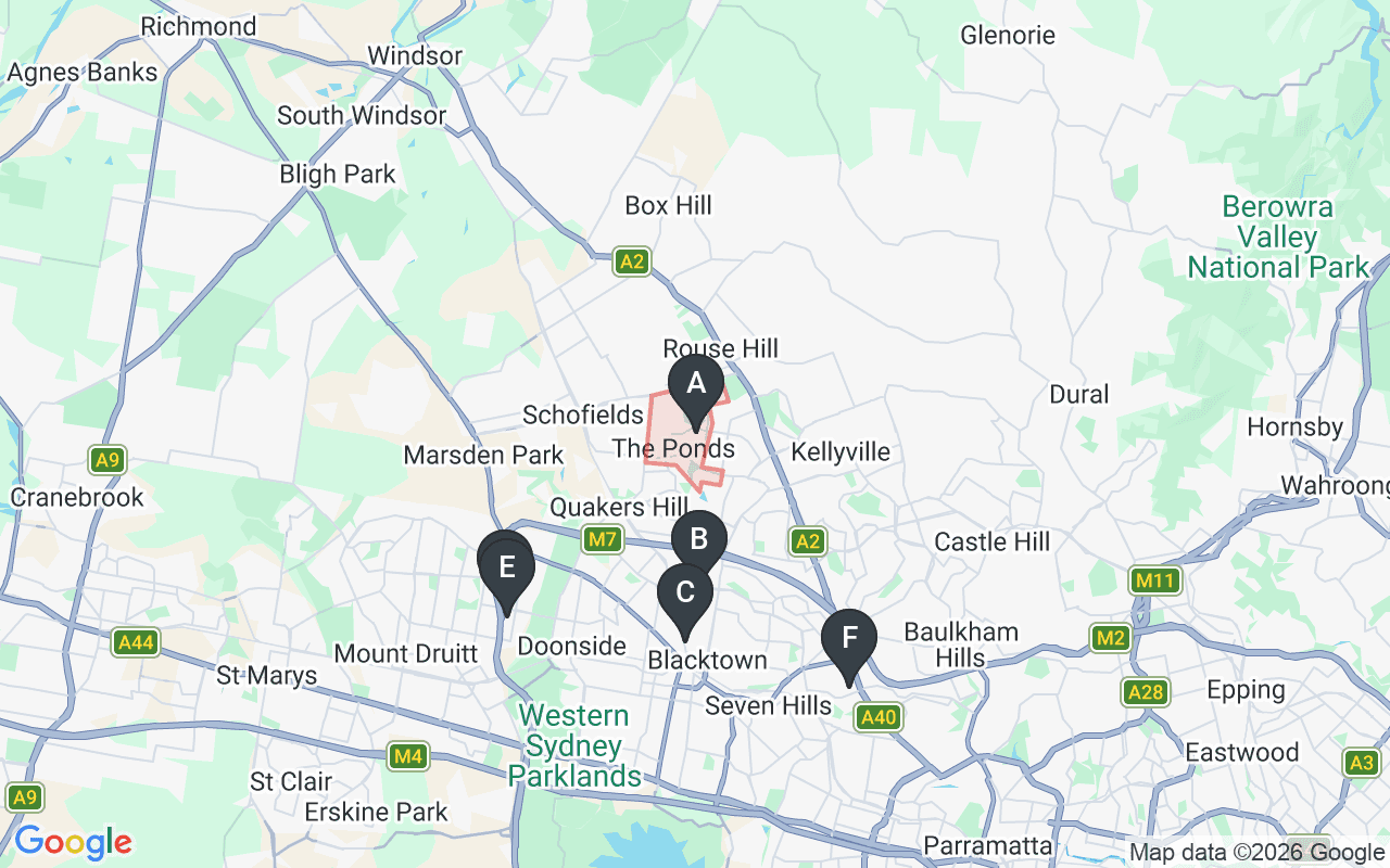 Map showing concrete delivery plants near The Ponds NSW 2769 — Holcim Blacktown (4.6 km), Boral Blacktown (6.1 km), Hy-Tec Glendenning (7.6 km), Gunlake Concrete Glendenning (7.7 km), Advanced Readymix Seven Hills (8.7 km)
