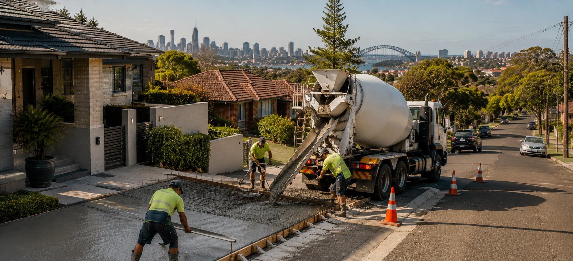 Ready-mix concrete truck delivering to a Sydney construction site