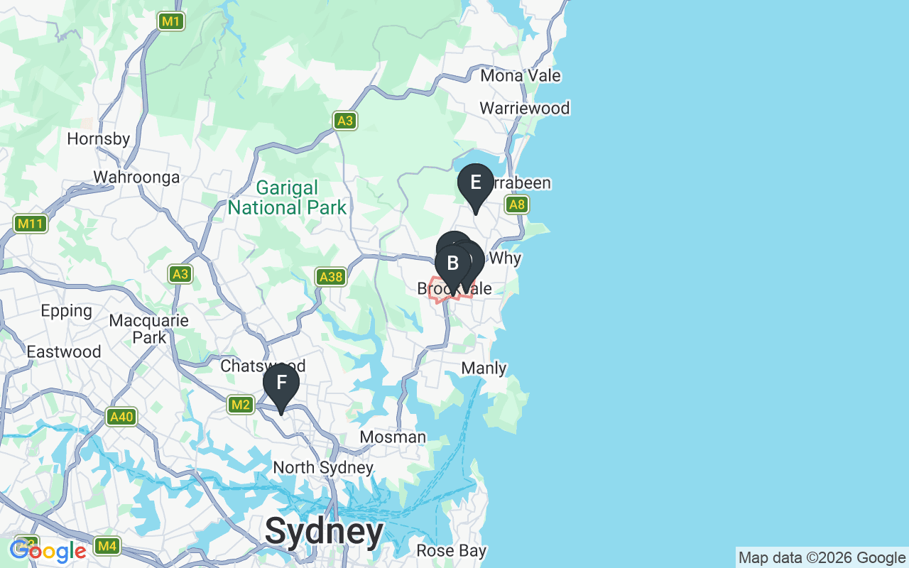 Map showing concrete delivery plants near Brookvale — Holcim Brookvale (0.6 km), Heidelberg Materials Brookvale (0.6 km), Boral Brookvale (0.7 km), Metromix Cromer (3.2 km), Boral Artarmon (9.8 km)