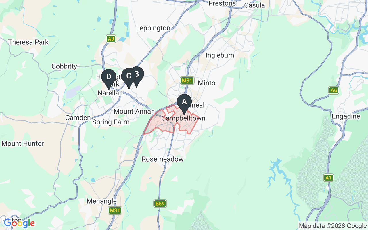 Map showing concrete delivery plants near Campbelltown