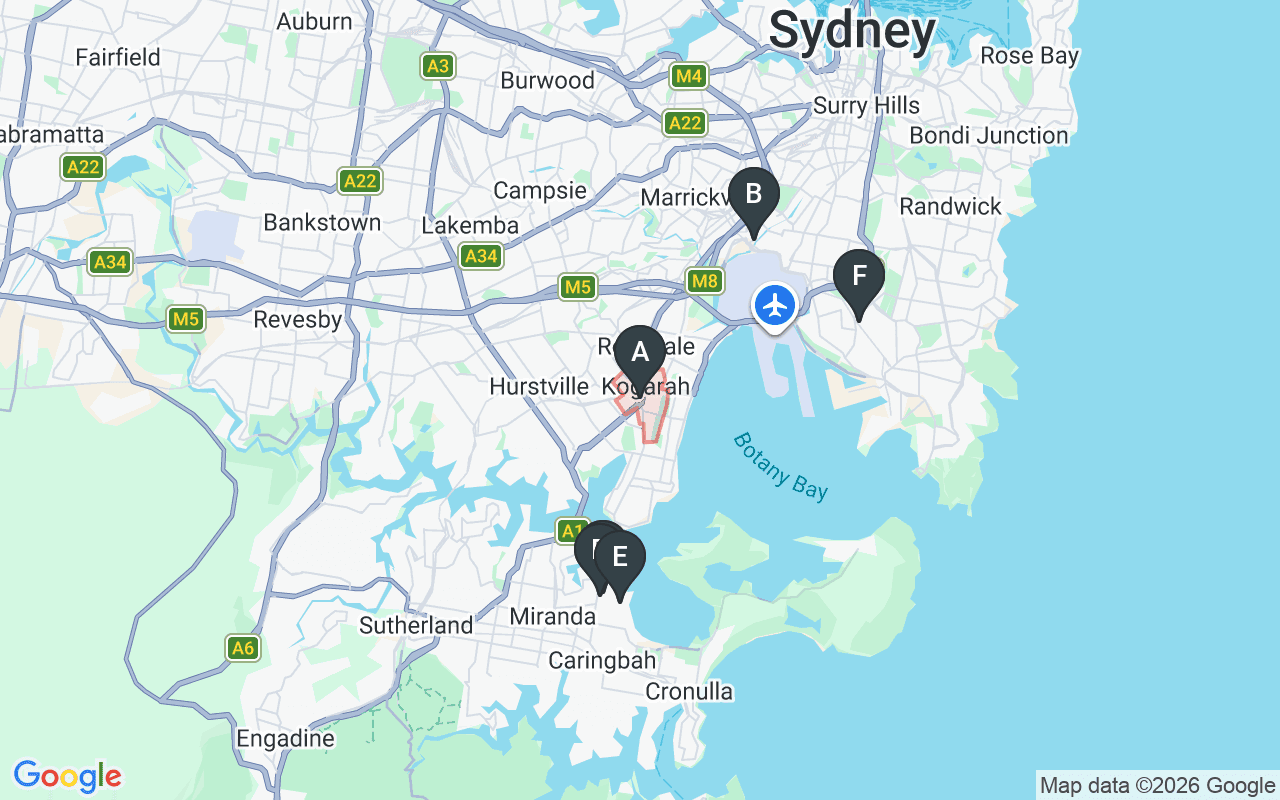 Map showing concrete delivery plants near Kogarah — Boral St Peters (6.2 km), Boral Taren Point (6.3 km), Heidelberg Materials Caringbah (6.4 km), Holcim Caringbah (6.5 km), Gunlake Concrete Banksmeadow (7.4 km)