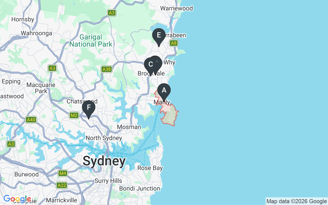 Map showing concrete delivery plants near Manly — Boral Brookvale (3.5 km), Holcim Brookvale (3.6 km), Heidelberg Materials Brookvale (3.6 km), Metromix Cromer (6.9 km), Boral Artarmon (9.6 km)