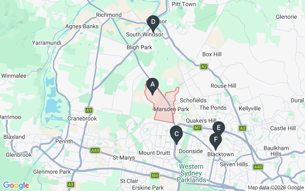 Map showing concrete delivery plants near Marsden Park — Hy-Tec Glendenning (7.1 km), Gunlake Glendenning (7.4 km), Constable Bros South Windsor (8.3 km), Holcim Blacktown (10.6 km), Boral Blacktown (11.2 km)