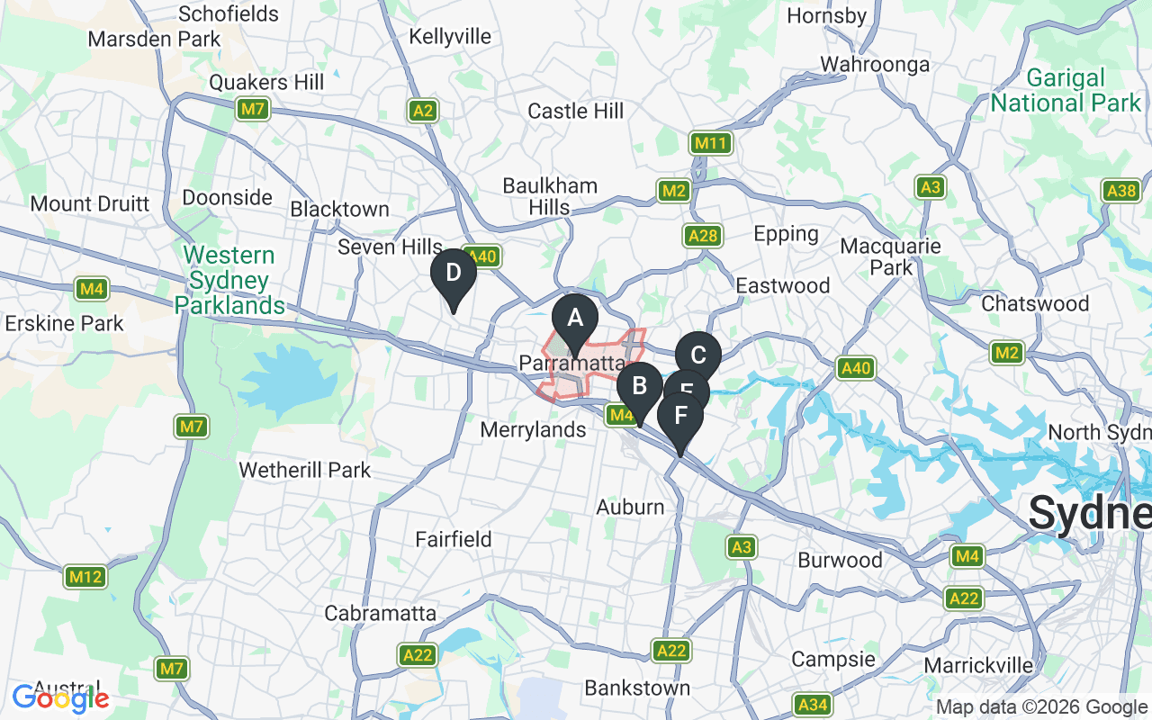 Map showing concrete delivery plants near Parramatta — Concrite Auburn (3.3 km), Gunlake Concrete Silverwater (4.5 km), Heidelberg Materials Pendle Hill (4.6 km), Metromix Silverwater (4.7 km), Hy-Tec Silverwater (5.1 km)
