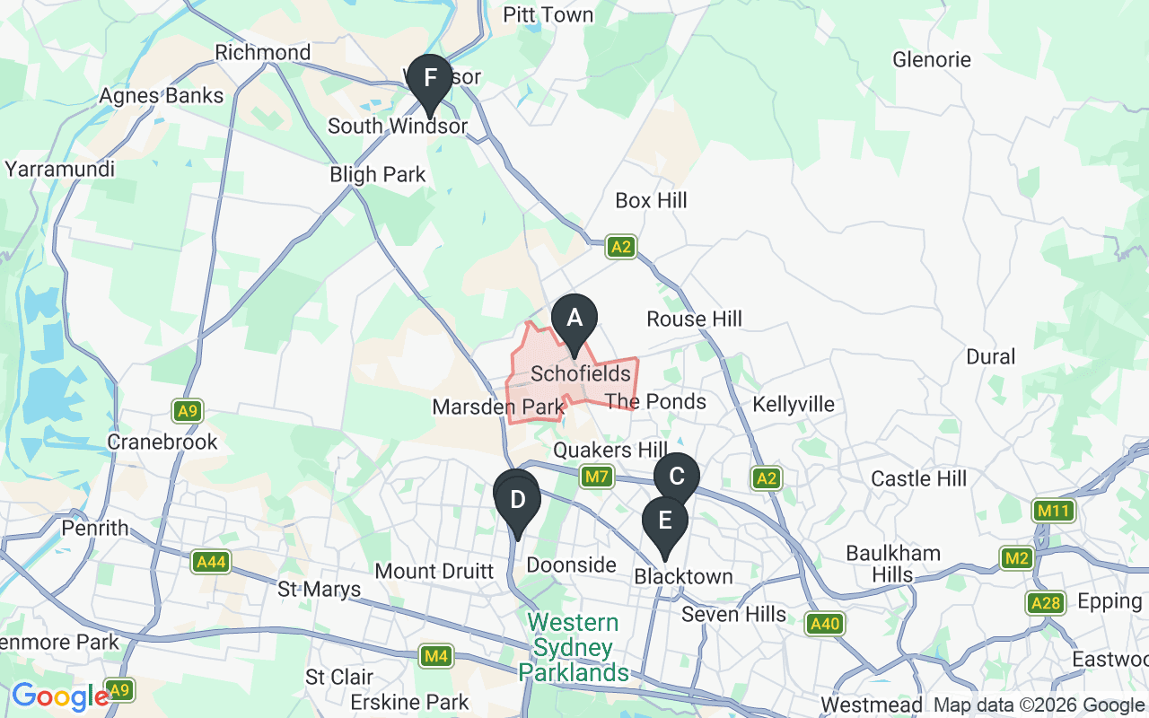 Map showing concrete delivery plants near Schofields